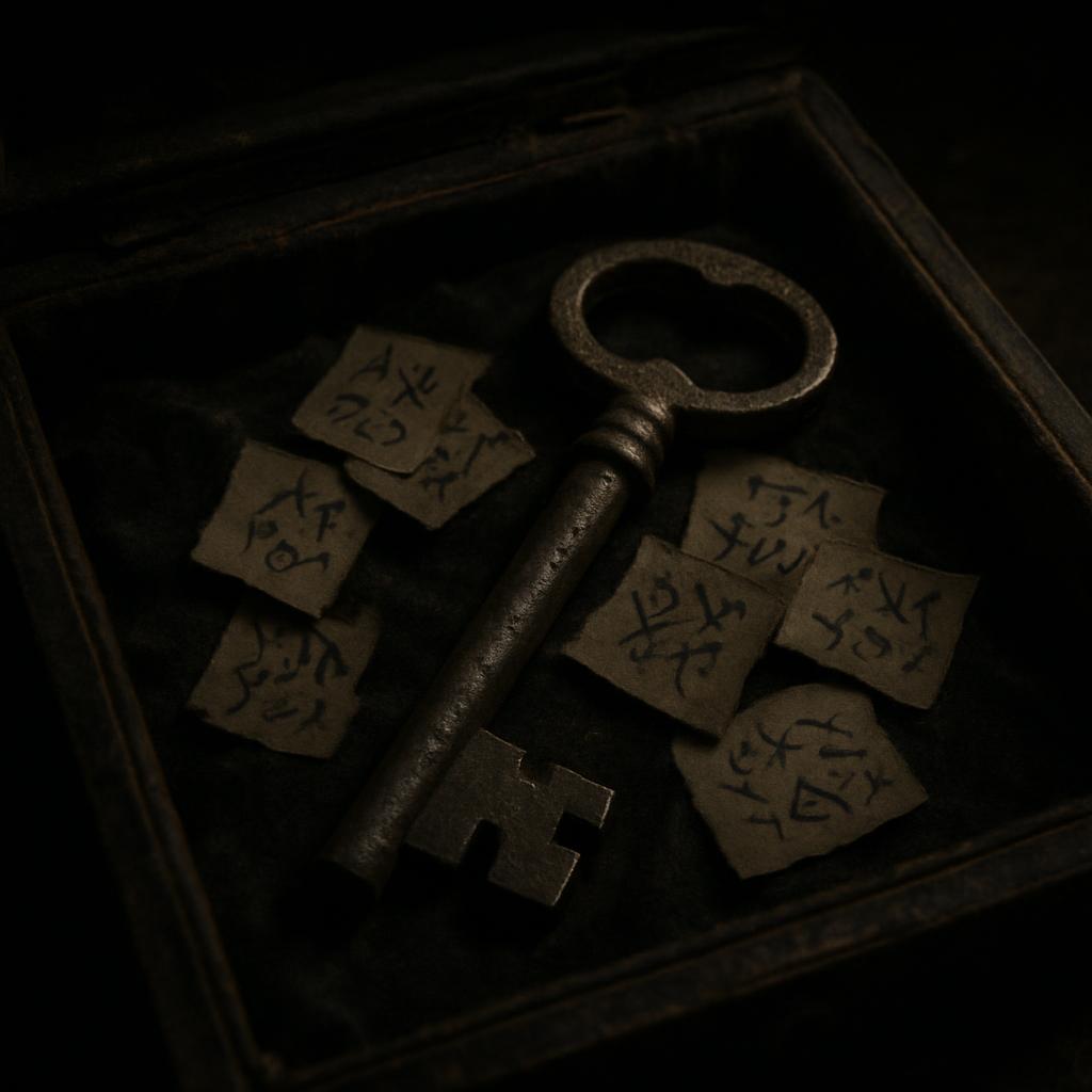 An old, rusty key sits atop a pile of ancient notes, partially illuminating several phrases in an unknown language written...