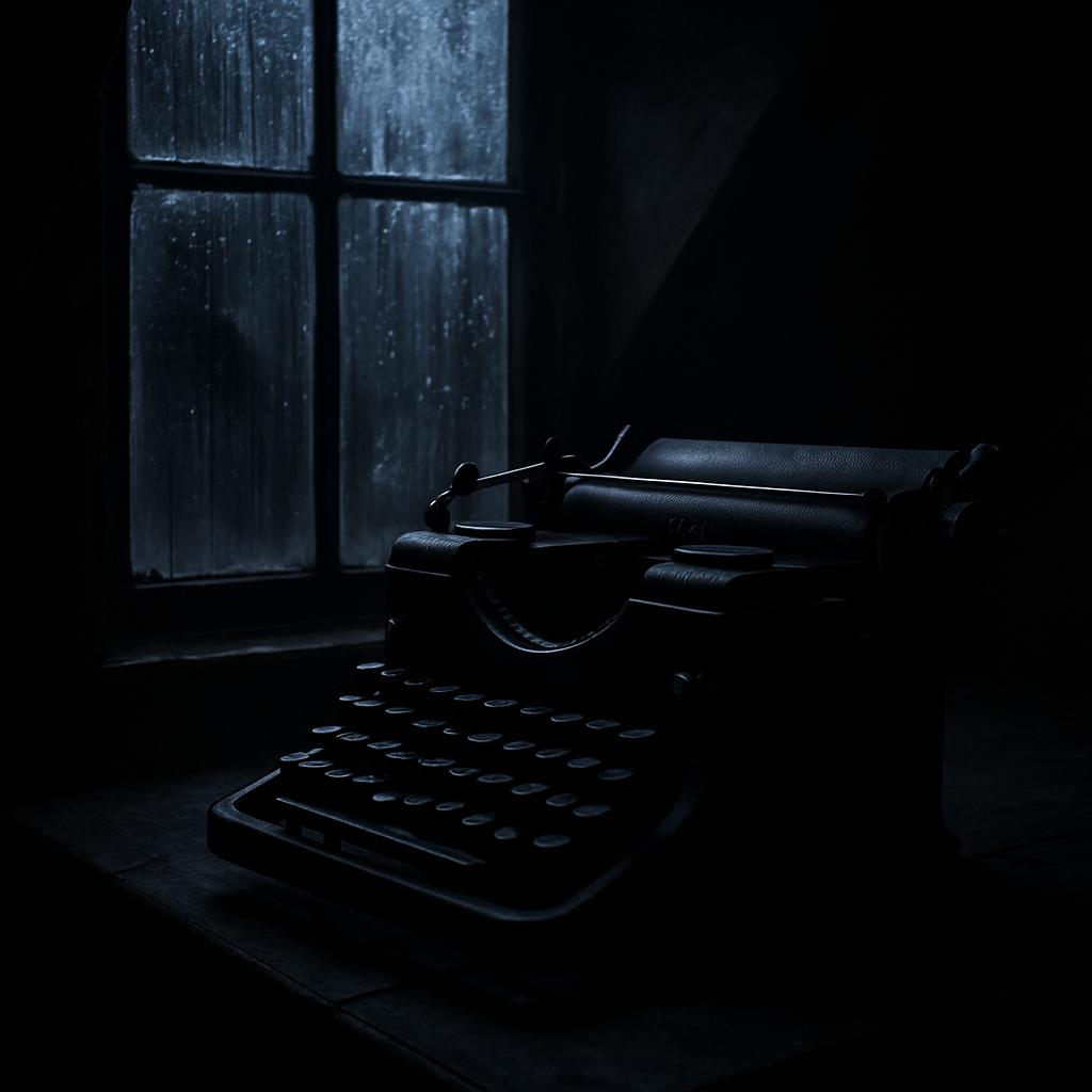 An old typewriter sits in the corner of a dark, dimly-lit room.