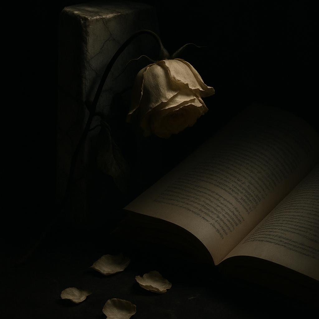 A soft, wilted rose rests atop a thick hardcover book.