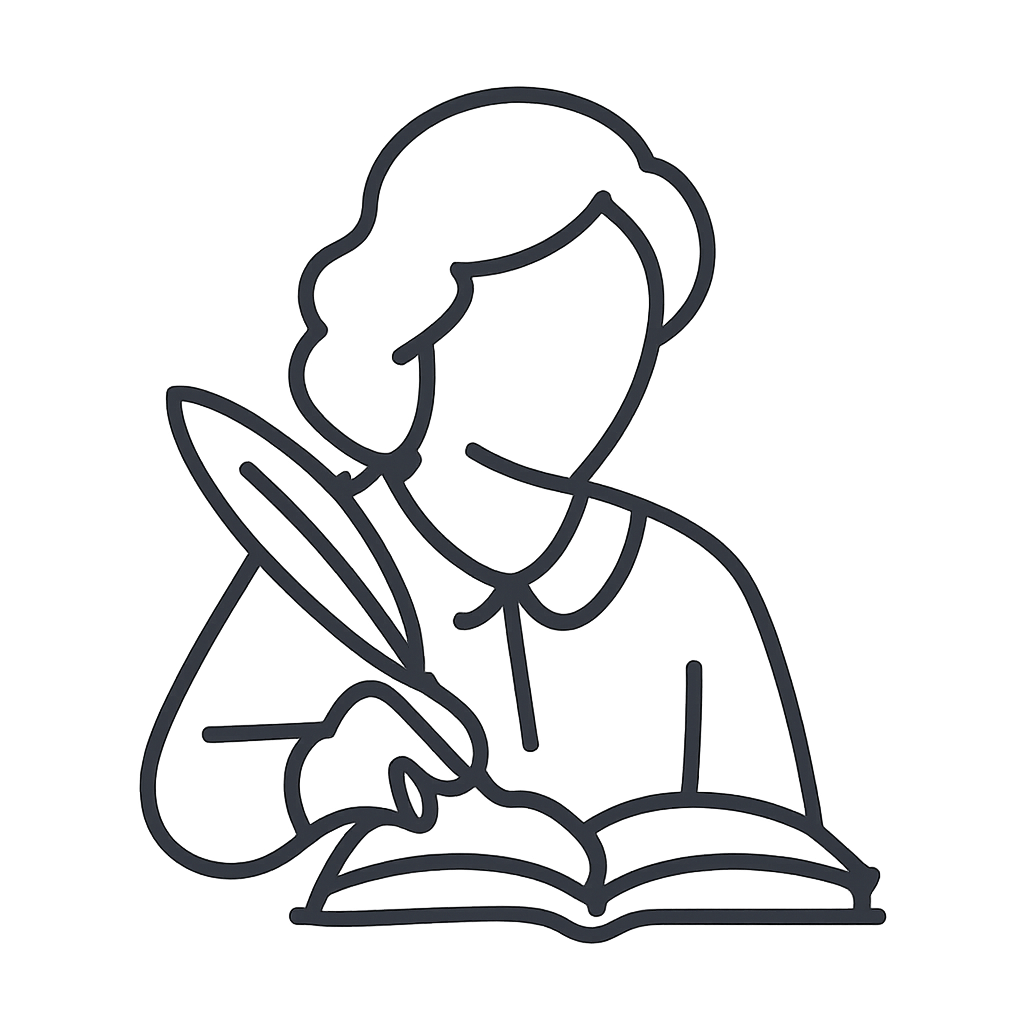 A gray line drawing of a person writing in a book against a black background.